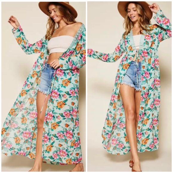 #28 LONG SLEEVE LACE TRIM FLORAL SELF TIE KIMONO - Picture 2 of 5